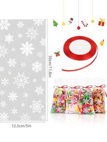 50pcs Christmas Glass Paper Bags With Ribbons, Snowflake Pattern, Holiday Snowflake Candy Cookie Gift Glass Paper Bags, Suitable For Winter Snowflake Themed Party Supplies, Party Favors Gift Packaging - Clear - View 2