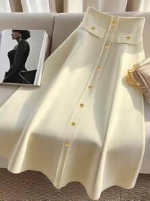 Women's Solid Color Casual Elegant Button Front Midi Skirt, Autumn/Winter