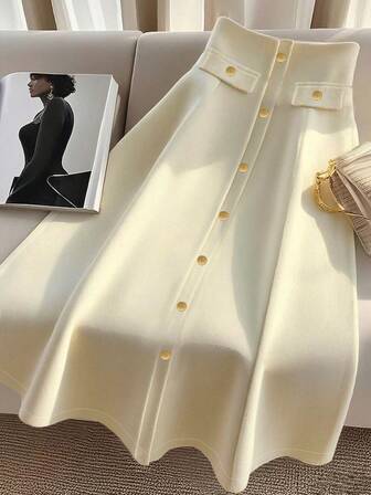 Falda midi casual y elegante de unicolor con botones al frente para mujer, otoño/invierno