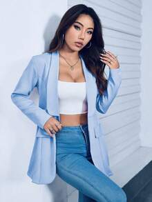 A&DD MODA, REF: 4043 - Women's Tailored Blazer, Maxi Long, Puff Sleeves, Classic Lapel Collar, Fitted And Elegant, Modern Formal Blazer, Sophisticated Piece, Slim Fit Design, Front Buttons, Chic And Casual Look, Ideal For Events And Work, Fashionable Women's Suit, Haute Couture - 淺藍色 - 查看 3