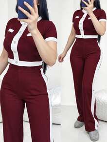 Conjunto casual de 2 piezas para mujer primavera/verano, diseño de bolsillo falso con botones de color contrastante, cuello redondo, manga corta y pantalones de cintura alta con ajuste relajado, elegante - Burdeos - Ver 2