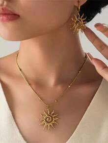 1 Bộ dây chuyền và hoa tai mặt dây chuyền hình hoa hướng dương bằng thép không gỉ màu vàng, thích hợp làm quà tặng - Vàng - Xem 4