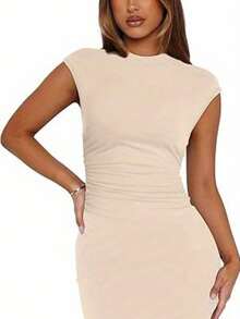 Women's Ruched Bodycon Mini Dress Cap Sleeve High Neck Solid Color Dress Night Out Dress - Apricot - View 3