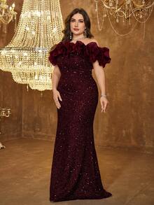 UNITHORSE Elegant Off-Shoulder Mesh Patchwork Sequin Backless Tie-Up Fitted Party Dress, Bridal Gown, Birthday Dress, Graduation Dress, Formal Dress, Autumn Women's Wear Wedding Spring - 酒紅色 - 查看 4
