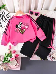 Conjunto de sudadera con cuello redondo y pantalón de chándal con estampado gráfico de corazón para niña preadolescente - Rosa Fucsia - Ver 2