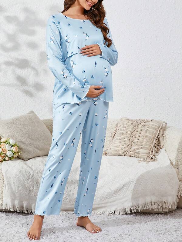 2 Stücke Umstandsmode & Stillzeit Floral Bedruckter Bequemer Langarm Oberteil und Hose Pyjama Set