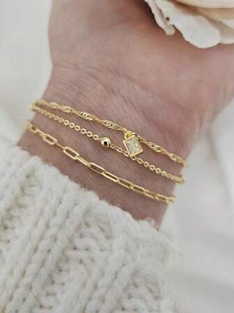 3 件套多层金色十字链、水波链、扁平十字链搭配方形闪亮方晶锆石吊坠多层手链珠宝礼物女士