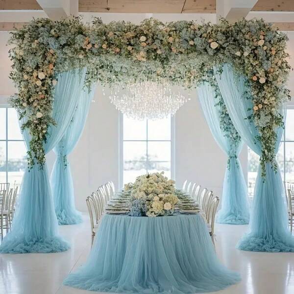 1 Piece, Sky Blue Transparent Chiffon Fabric - Elegant Wedding Decoration, Suitable For Curtains, Chair Belts And Backgrounds. Perfect For Weddings, Graduation Ceremonies, Birthdays, Valentine's Day And Christmas. Rectangular Polyester Fiber Pairs With A Romantic Fairy Atmosphere, Creating A Romantic Environment. Elegant Decoration. Polyester Material, Wedding Ornaments