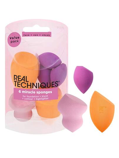 Real Techniques Miracle Complexion 美妆蛋套装，包含6个美妆蛋，可用于晕染和塑形，遮瑕力强，专业化妆工具，纯素，不含乳胶，适用于化妆、家居装饰、梳妆台、旅行、卧室等场合。产品标签：粉扑、美妆蛋、散粉扑、化妆海绵、便宜、圣诞礼物、化妆品、化妆工具、平价好物、礼物、女士礼物、圣诞礼物。