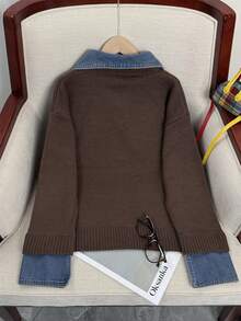 韩版牛仔拼布针织套头衫，女款，秋冬 - 咖啡棕 - 查看 7