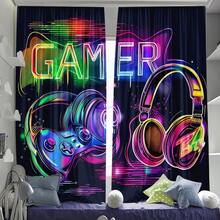 ستارتان بموضوع ألعاب الفيديو، تتميز بطبعات بارزة لسماعات الرأس وأجهزة التحكم - بأسلوب فني حديث، توفر الخصوصية، مناسبة لغرفة النوم والمعيشة والمكتب أو السكن الجامعي - من قماش البوليستر، قابلة للغسل في الغسالة، ديكور غرفة الألعاب - متعدد الألوان - مشاهدة 5