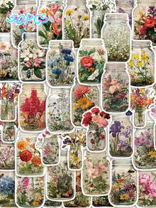 SCXXBSW 50pcs Vintage Floral Jar Stickers DIY Decoration Luggage Guitar Notebook Phone Case Creative Fun Cartoon Waterproof Stickers - Multicolor - View 2