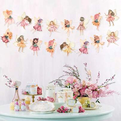 1 Set Fairy Pattern Hanging Paper Pennant Flags, Theme Birthday Party Background Decor, Room Decor, Home Decor, Wall Decor, Wedding Party Decor, Birthday Hanging Decorations, Baby Shower Anniversary Christmas Decor, Girls Birthday Party Supplies, Birthday Banner, Birthday Gift, Birthday Backdrop Decor, Party Favors