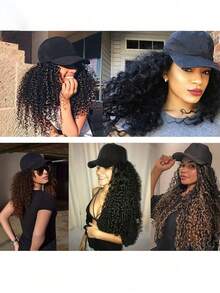 长发棒球帽，长而古怪的卷发，合成假发，配套假发，可调节帽子，优雅女士棒球帽假发和长非洲卷发，合成高温纤维假发可调节弹力网帽，所有多功能款式 - 黑色帽子+假发组合