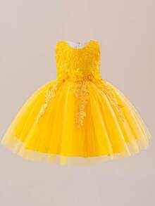 Girls' Lace Patchwork Princess Dress With Handmade 3D Floral Decor, Tulle Skirt, Ballet Dance Recital Costume, Elegant Party Dress, Simple Solid Color Layered Mesh Maxi Dress With Bowknot Back For Kids - Yellow - View 3