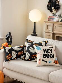 1pc Halloween Ghost& Bat & Pumpkins Polyester Canavas Cushion Cover With Exquisited Embroidered, No Pillow Core, Home Decor Pillow Case Room Decor Pillow Cases Cushion Covers Halloween Decor