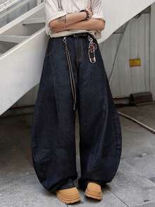 1 buah Celana Jeans Pria Model Vintage Patchwork Kaki Lebar, Celana Denim Kasual Longgar Serbaguna (Sabuk dan Aksesoris Tidak Termasuk) - Hitam - View 3