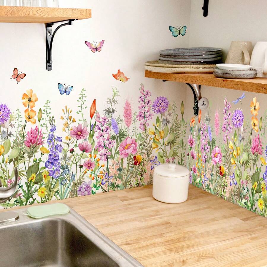 1pc Colorful Flower And Sunflower Butterflies Wall Sticker, Suitable For Bedroom, Living Room, Study Room Home Decoration, PVC Self-Adhesive Removable Cartoon Sticker, Home Decoration, Room Wall Decoration Room Decor Wall Stickers Stickers