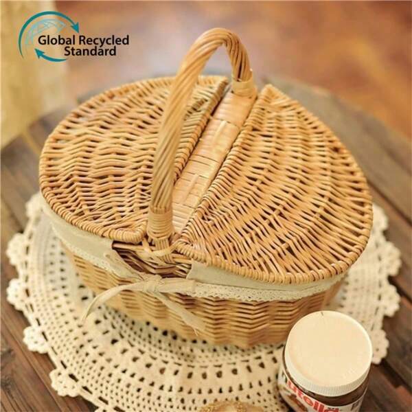 [Handmade Craftsmanship] Woven Picnic Basket With Handle, Waterproof Lining, Nordic Style Lidded Storage Bin, Farmhouse Decor Versatile Storage Solution For Home & Camping