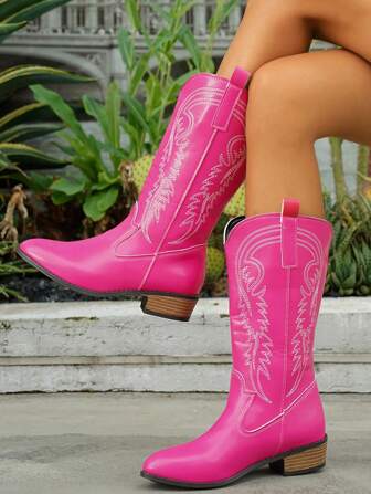 New Women's Embroidered Leather Pink Western Boots, Pointed Toe Chunky Heel Knee-High Boots, Outdoor Casual Fashion Dress Boots