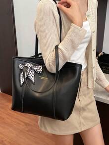 Túi tote PU thời trang màu trơn trang trí khăn quàng cổ, túi đeo vai tối giản cổ điển dung tích lớn, túi xách thường ngày nhiều ngăn phù hợp cho phụ nữ - màu đen - Xem 3