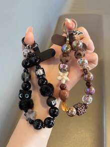 1 件黑色毛绒猫手机挂绳串珠腕带、钥匙扣、包包挂饰、带衬垫的手机挂链 - 彩色 - 查看 1