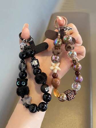 1pc Black Plush Cat Phone Lanyard Beaded Wrist Strap, Keychain, Bag Charm, Phone Hanging Chain With Pad