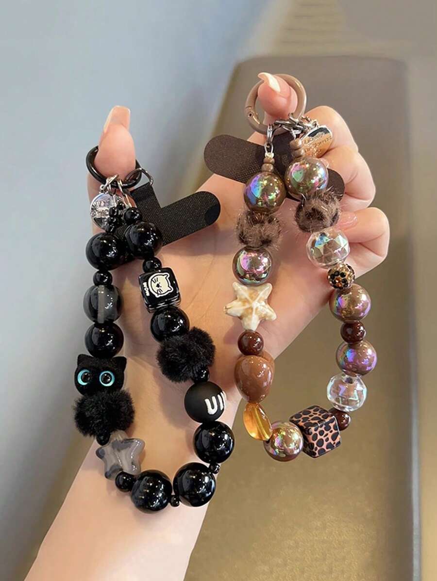 1 件黑色毛绒猫手机挂绳串珠腕带、钥匙扣、包包挂饰、带衬垫的手机挂链 - 彩色 - 查看 1