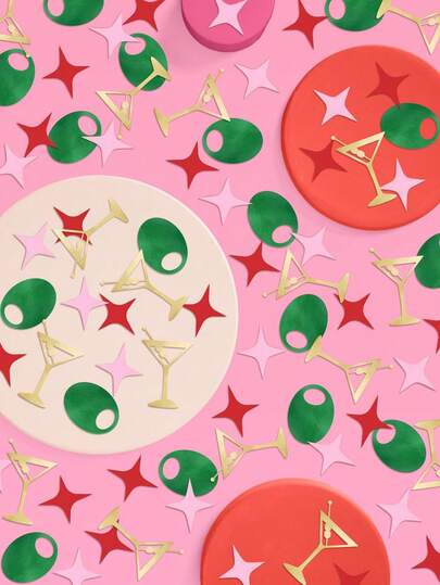 100pcs/Pack Gold Glitter Martini Glass, Green Glitter Olives, Colorful Confetti, Pink Star Sprinkles Decorations, Suitable For "Slightly More Mature" Martini Birthday Party, Cocktail Party, Bachelor/Bachelorette Party, Graduation Party, Back To School Party