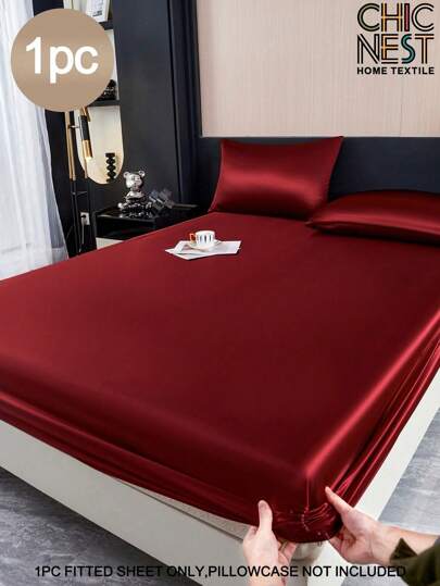 1PC Solid Color Wine Red Burgundy Satin Fitted Sheet Simulation Silk Fitted Sheet With 1pc Fitted Sheet  Valentine's Day Mattress Cover For Bed, Modern Soft Bedding Set For Household King Queen Full Twin Size  Sheet Bedspread Deep Pocket Up To 11.8 Inch Breatheable Wrink-Free Better For Sleep, Machine Washable