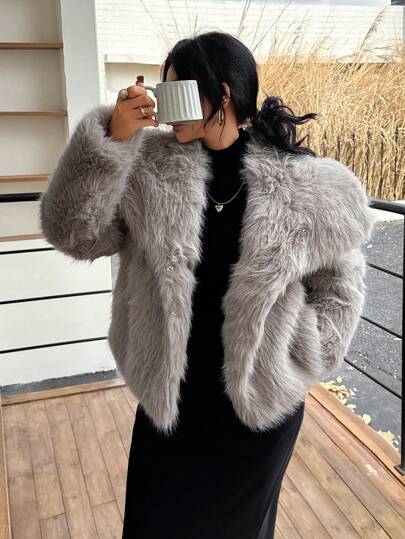 Seelio Autumn/Winter New Thick Faux Fur Collar Faux Fur Lined Mid-Length Fashionable Fur Coat