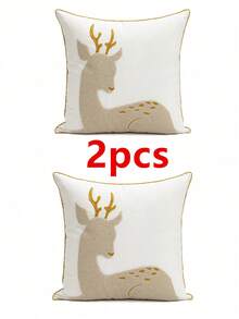1 szt./2 szt. Beżowa poszewka na poduszkę z motywem antylopy, jelenia i choinki, płótno bawełniane w stylu nordyckim z wykwintnym haftem, złota falbanka na krawędzi, dekoracja perłowa, dekoracyjna poszewka na poduszkę do sypialni, salonu, sofy, na Nowy Rok, Boże Narodzenie, do ogrodu, na 4 pory roku, 30*50 cm, 45*45 cm (bez wkładki) - Beżowy - Zobacz 16