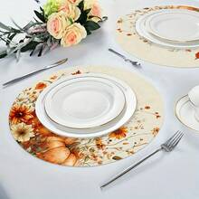 4/6/8pcs Round Placemats - Autumn Floral Pumpkin Design, 15 Inch Polyester Washable Table Mats, Seasonal Kitchen Dining Decor Suitable For Thanksgiving, Halloween Parties And Home Decoration - 15 Inches - View 6