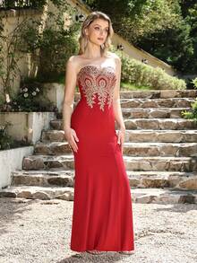 Babyonlinedress Embroidery Appliques Mesh Panel Prom Dress, Formal Evening Gown, For Wedding Guest, Graduation, Dinner, Party Dress - 紅色 - 查看 6