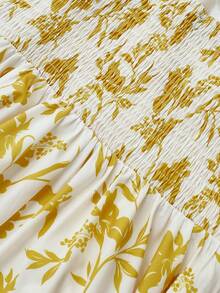 女式波西米亚花卉印花腰部喇叭形吊带背心连衣裙搭配针织开衫套装 - 黃色 - 查看 7