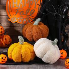 Almohada de peluche 3D con diseño de calabaza esponjosa - Animal de peluche realista de poliéster con 6 colores vibrantes (rojo, amarillo, verde, naranja, rosa, blanco) para decoración de Halloween, decoración del hogar, regalos de fiesta de cumpleaños y accesorios acogedores para el hogar, decoraciones de calabaza, decoración festiva, superficie texturizada