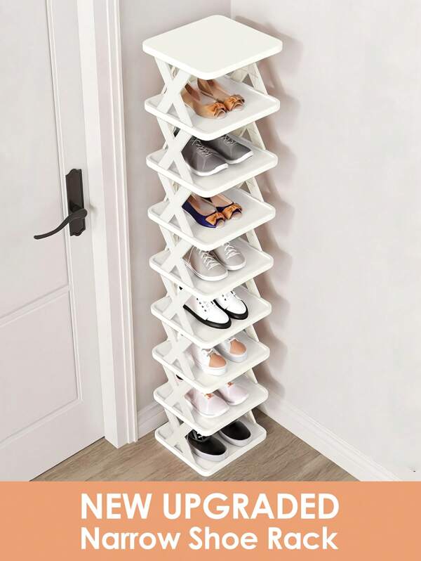 9/6 Tier Vertical Shoe Stand Space Saving Narrow Shoe Rack, Small Shoe Shelf, DIY Free Standing Shoes Storage Organizer For Entryway, Closet, Hallway, Easy Assembly And Stable In Structure, Black & White, Plastic Material, Consumables