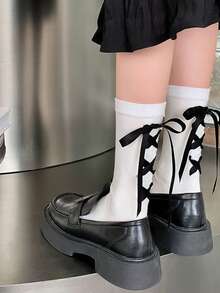 2 双女式黑白蕾丝蝴蝶结日式校服风格可爱优雅中筒袜，秋季袜子 - 黑與白 - 查看 6