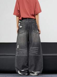 1pc Vintage Distressed Ripped Infinite Jeans, Loose Fit Flare Leg Washed Denim Pants (Excluding Belt And Accessories) - Black - View 5