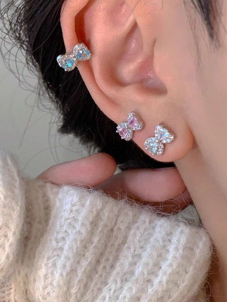 1 Bông tai kim cương nơ, lỗ tai bằng thép titan để ngủ, không cần tháo đá Zirconia lấp lánh đáy phẳng, bông tai ốc tai cá nhân hóa cho nữ - Nhiều màu - Xem 1
