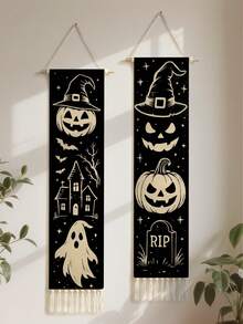 1Pc Gothic Wall Hanging Tapestry With Tassels – Witch Hat Pumpkin Ghost Banner For Spooky Aesthetic Home Decor, Haunted House RIP Grave Wall Art For Door Porch Living Room