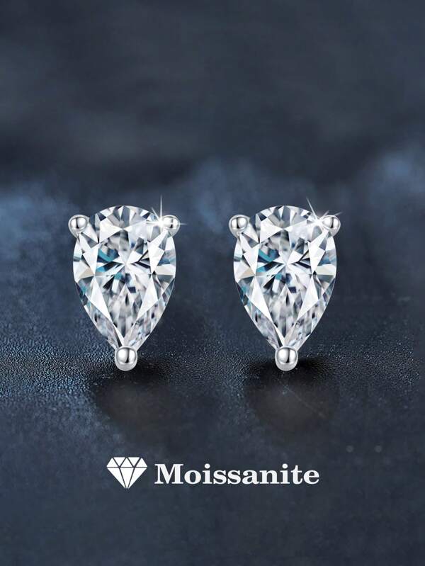 2pcs Minimalist Hiphop Style 925 Sterling Silver 1 Carat Pear Cut Moissanite Stud Earrings, Suitable For Women's Daily Wear, Party, Vacation, Unisex Earrings, Mother's Day, Birthday, Wedding Anniversary Jewelry Gift