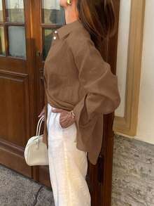 Look Polly Damen Langarmhemd, einfarbig, Einreiher, lässige Mode, rückverfolgbare Baumwolle Herbstkleidung für Frauen, Taschendesign, Schulanfangskleidung, Old Money Stil Damen Weihnachts-Knopfleiste Hemd, Damen Lehrershirts Weihnachten Thanksgiving Shirt Neujahr Look