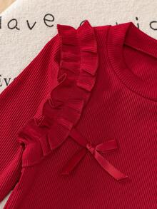 مجموعة بنطلون ولباس علوي كم طويل مزينة بفراشات حمراء للبنات، قطعتان