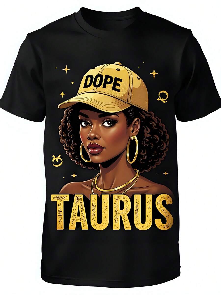Women's 180g Black Cotton Crew Neck Short Sleeve Dope Taurus Graphic T-Shirt, Zodiac Astrological Sign Print, Comfortable Summer Tee, Perfect Gift For Taurus Women,  And Stylish Casual Wear