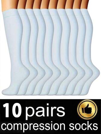 10 Pairs Of Girls' Children's Compression Socks, Solid Color Socks, Mid-Calf Socks, White Ankle Socks, Suitable For All Seasons