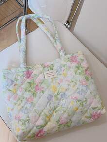 1 PC Printed Floral Patchwork Women Elegant Casual Quilted Shoulder Tote Bag Portable Large Capacity Shopping Bag Mommy Bag, For Office Commuting Travel And Vacation Essentials Cosmetics Makeup Toiletry Storage Bag, For Mobile Phone, Wallet, Sanitary Napkins, Keys, Laptop Computer, Wired Earphones, Earpods, Headphones, Charger, Lipsticks, Perfume, Skin Care And Beauty Products, Friend Gift Holiday Gift, Gifts For Women, Christmas Gifts, Gift Ideas For Women