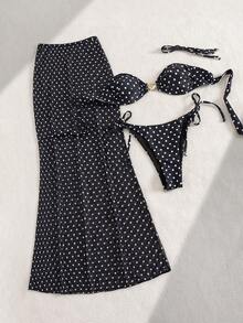 Novo Conjunto de Maiô Bikini de 3 Peças para Verão 2025, Romântico, Estilo Praia Europeu e Americano, Mulheres Sexy, Chique, Top Sem Alças com Decoração de Concha Metálica, Parte Inferior com Amarração Lateral e Saia Longa Transparente, Ideal para Férias - Preto e Branco - Visão 5