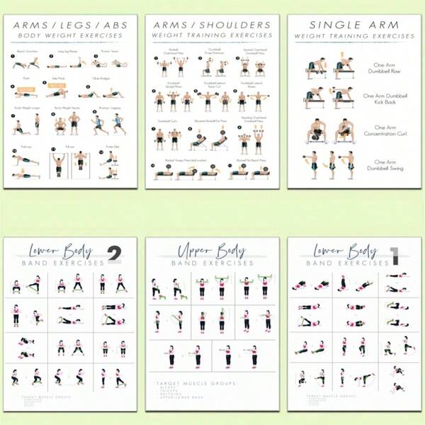 6 piezas Guía de entrenamiento de Body completo, ejercicios con barra y mancuernas, brazos/hombros, piernas/abdomen, Body completo, parte superior del Body, glúteos, piernas, entrenamiento de resistencia, gráfico de fitness, diseño sin marco, 8x10 pulgadas, gráfico plano 2D, material de papel, para decoración del gimnasio en casa, aula, hogar, dormitorio, estudio, sala de yoga, regalo de Navidad, Acción de Gracias