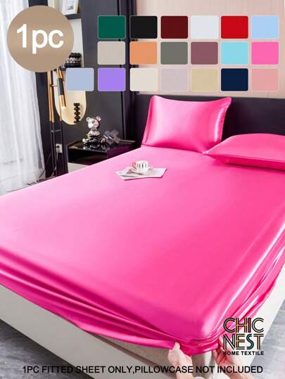 1PC Solid Color Dark Pink Satin Fitted Sheet Simulation Silk Fitted Sheet With 1pc Fitted Sheet  Valentine's Day Mattress Cover For Bed, Bed Sheet Modern Soft Bedding Set For Household King Queen Full Twin Size  Sheet Bedspread Deep Pocket Up To 11.8 Inch Breatheable Wrink-Free Better For Sleep, Machine Washable